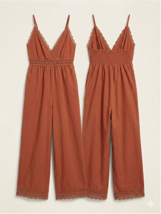 Billabong Pants - Billabong Lace & Lies Wide Leg Jumpsuit - Rust/Terracotta - Medium